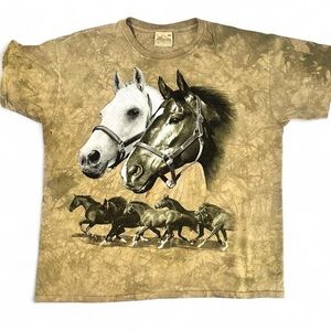 Vintage Men’s The Mountain wild horse graphic t-shirt w a green tie-dye wash XXL